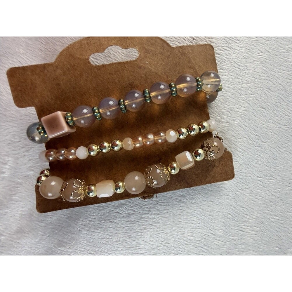 Multilayer Crystal Stone Bead Bracelets Tassels and Charms Peach White and Gold